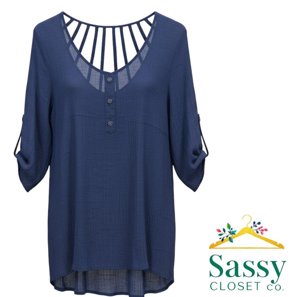 Bobeau Blue Scoop Neck Top Roll Tab Sleeves Cutout Back High‑Low Hem Women’s L